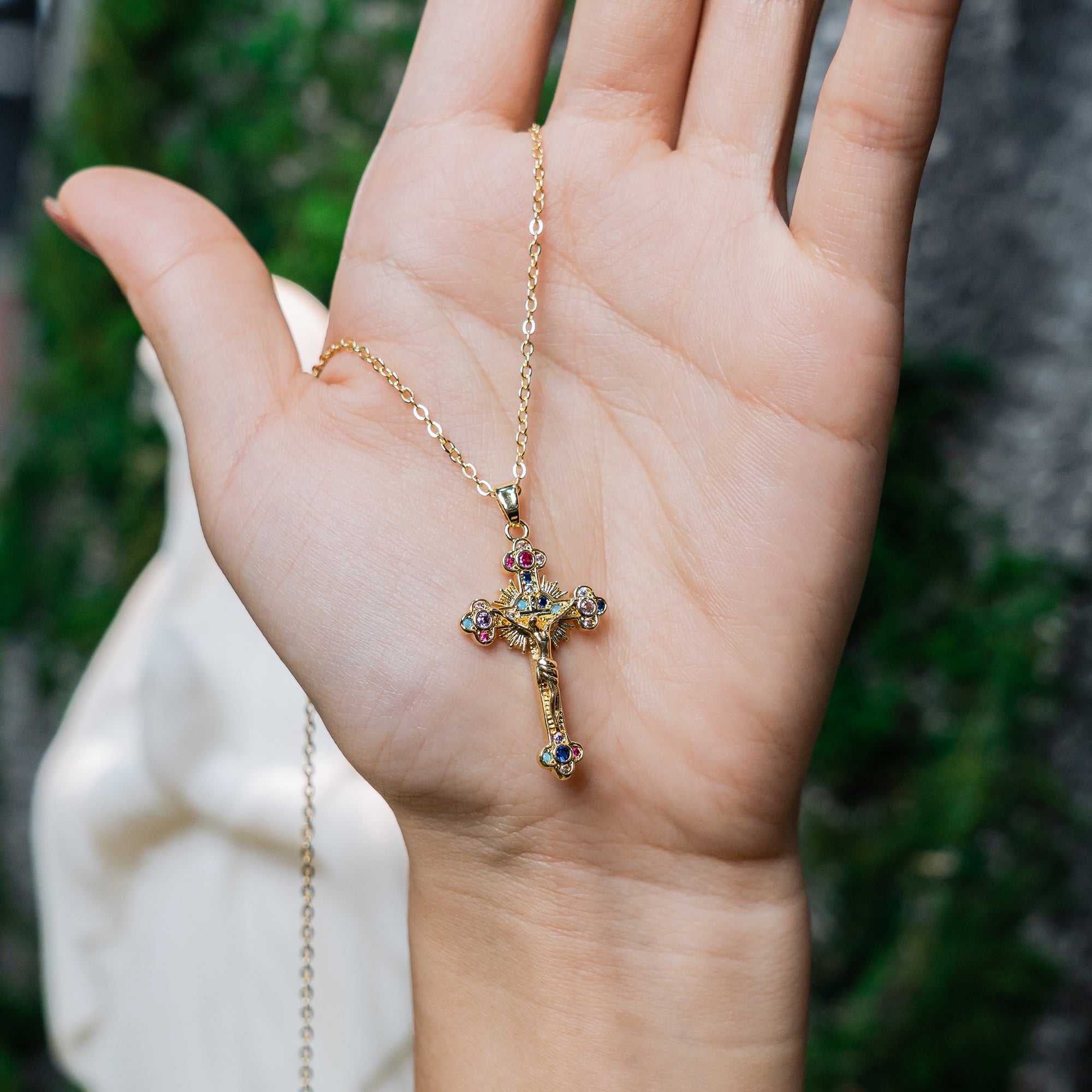 Radiant Cross Necklace – Christian Faith Jewelry with Multicolor Gemstones