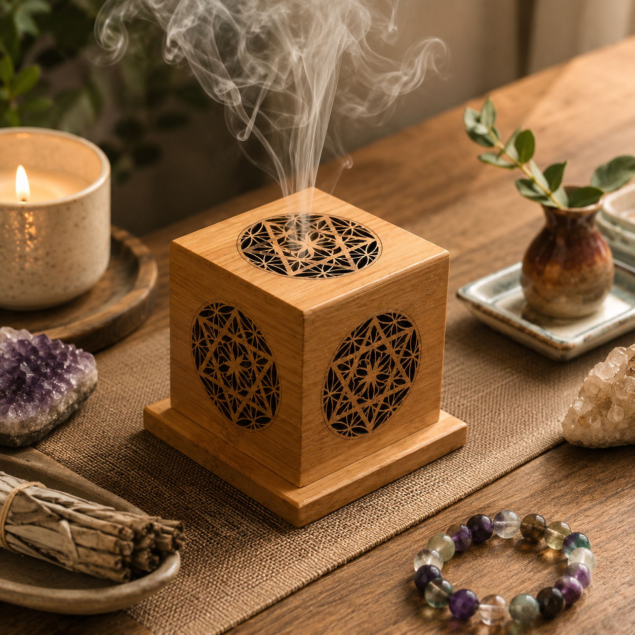 Sacred Wood Crystal Cleansing Box for Jesus Cross Pendant, Crystal Necklace & Bracelet – 4in x 4in, Free 35g California White Sage Included