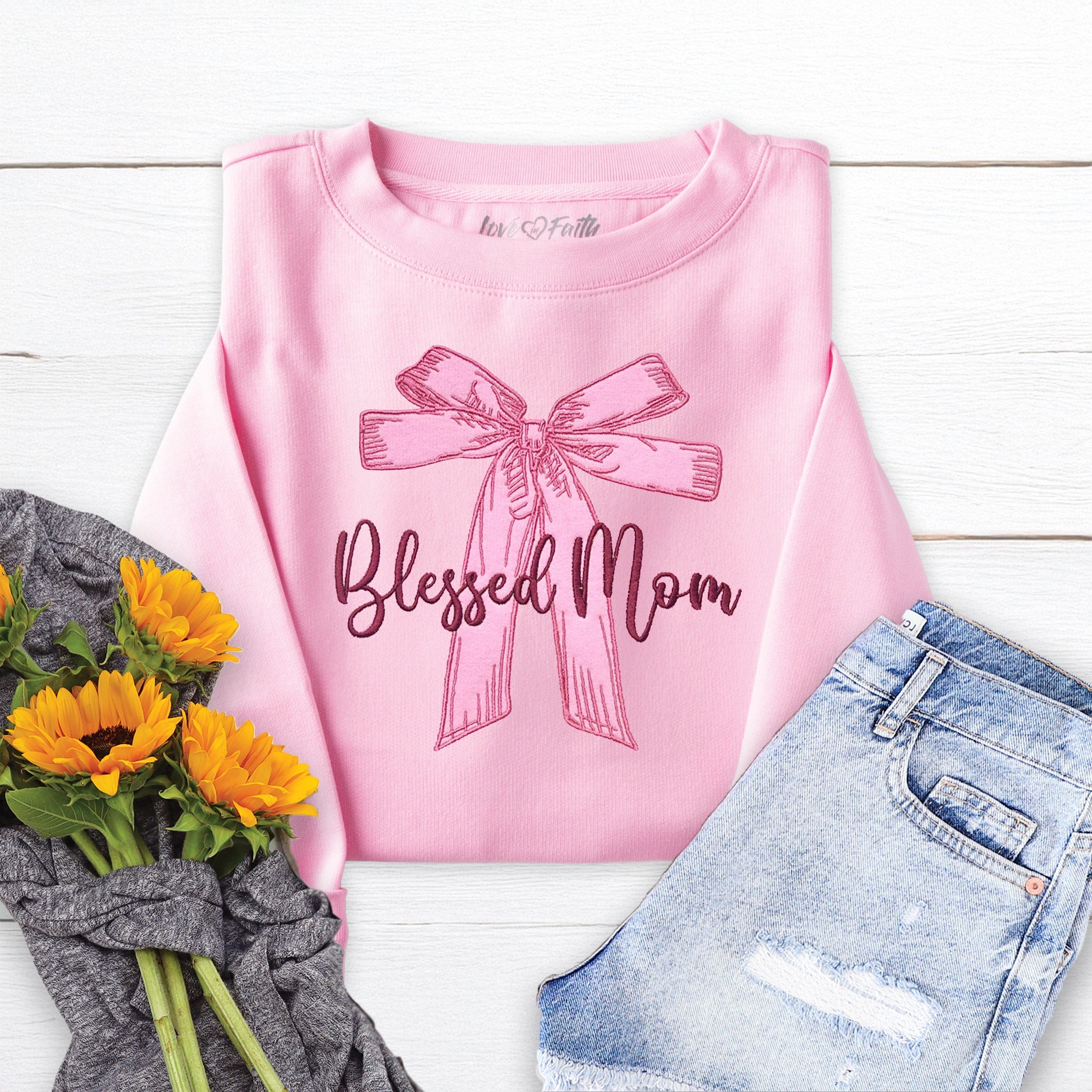Blessed Mom Bow Embroidered Crewneck Sweatshirt