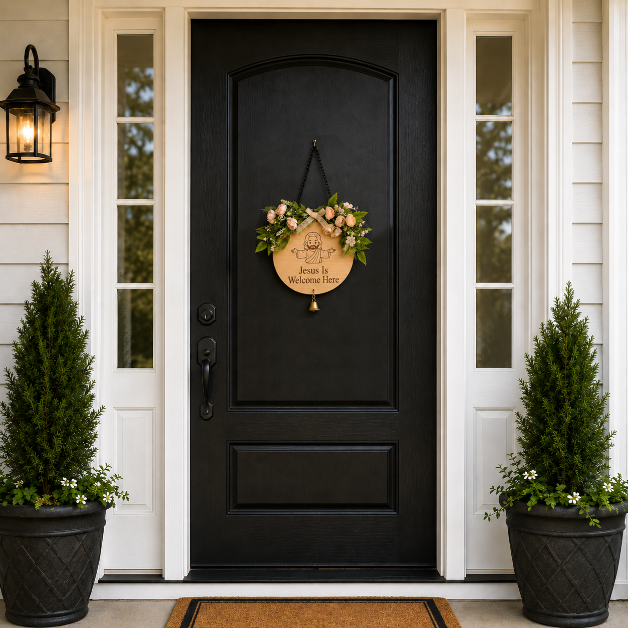 Faith Lives Here, Jesus Welcome Door Sign with Greenery Wreath – Farmhouse Front Door Decor for Indoor & Outdoor Home, Housewarming Gift with Bonus Damage-Free Hook