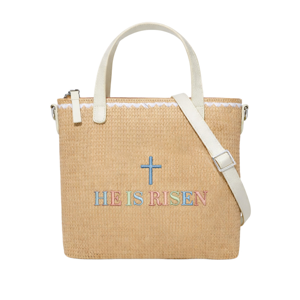 He Is Risen Print Christian Faith Straw Crossbody Tote Bag