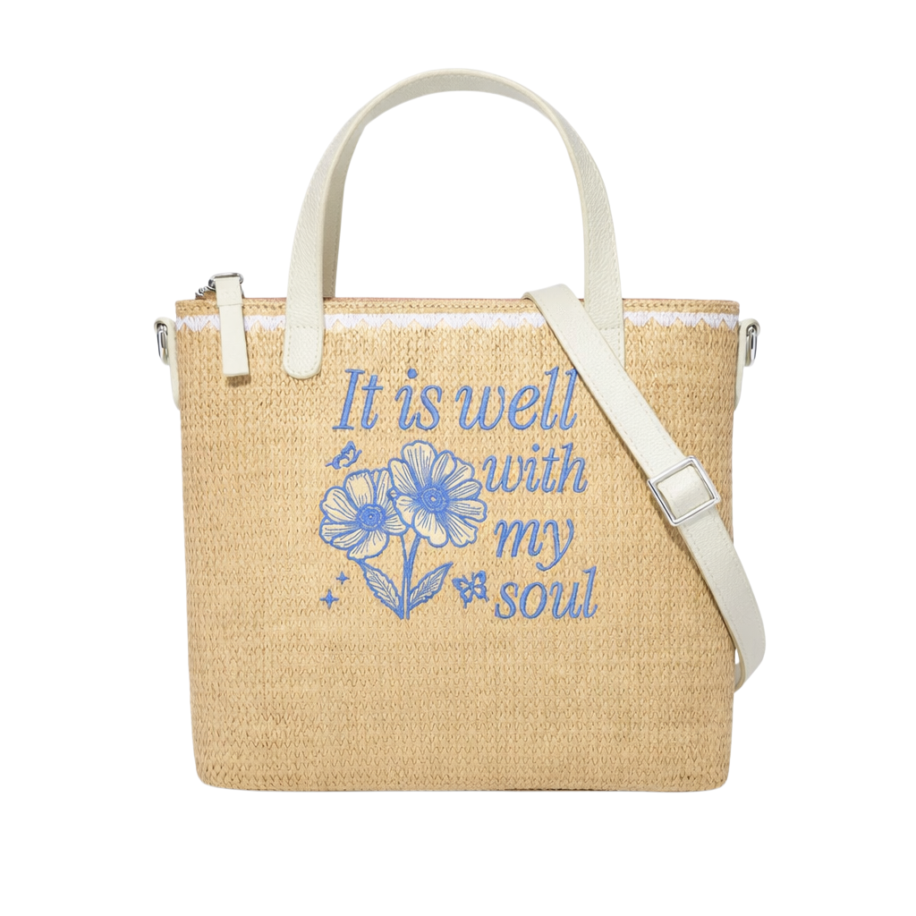 It Is Well With My Soul Flower Print Christian Faith Straw Crossbody Tote Bag