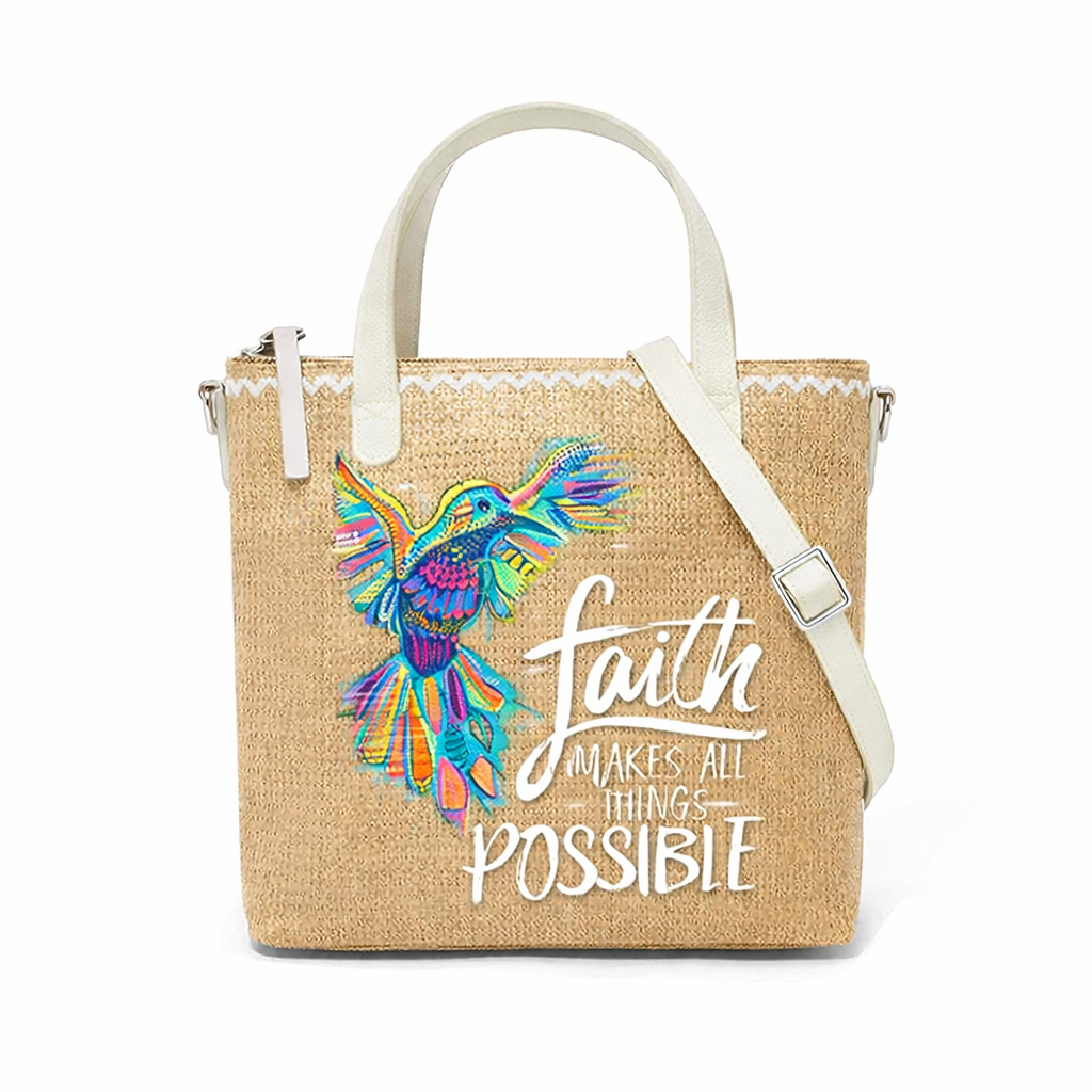 Faith Makes All things Possible Print Christian Faith Straw Crossbody Tote Bag