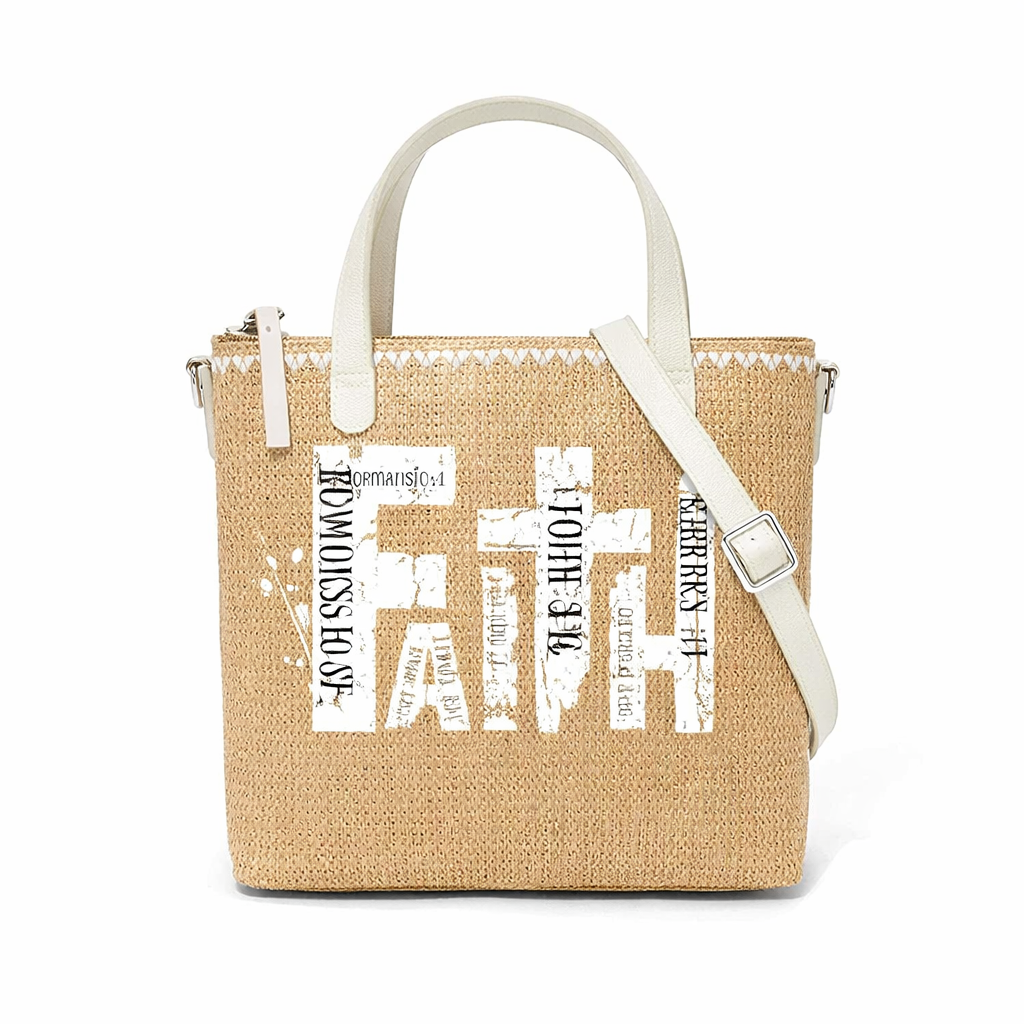 Faith Print Christian Faith Straw Crossbody Tote Bag