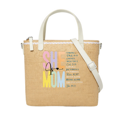 She is Mom STRONG CHOSEN BEAUTIFUL CAPABLE VICTORIOUS NEVER ALONE GREATLY LOVED Print Christian Faith Straw Crossbody Tote Bag