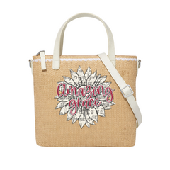Amazing Grace Sunflower Print Christian Faith Straw Crossbody Tote Bag