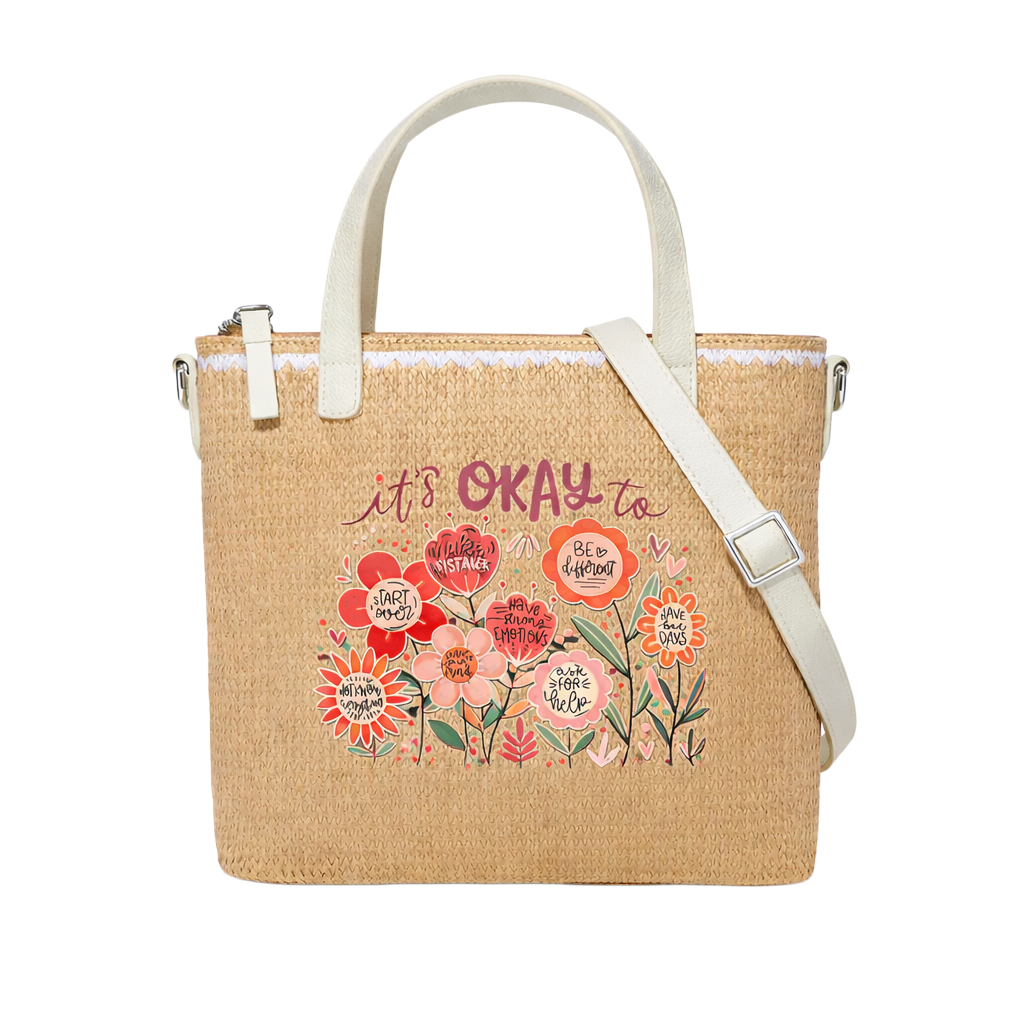 It's Okay Print Christian Faith Straw Crossbody Tote Bag