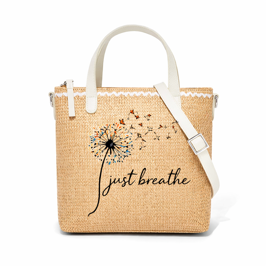 Just Breathe Print Christian Faith Straw Crossbody Tote Bag