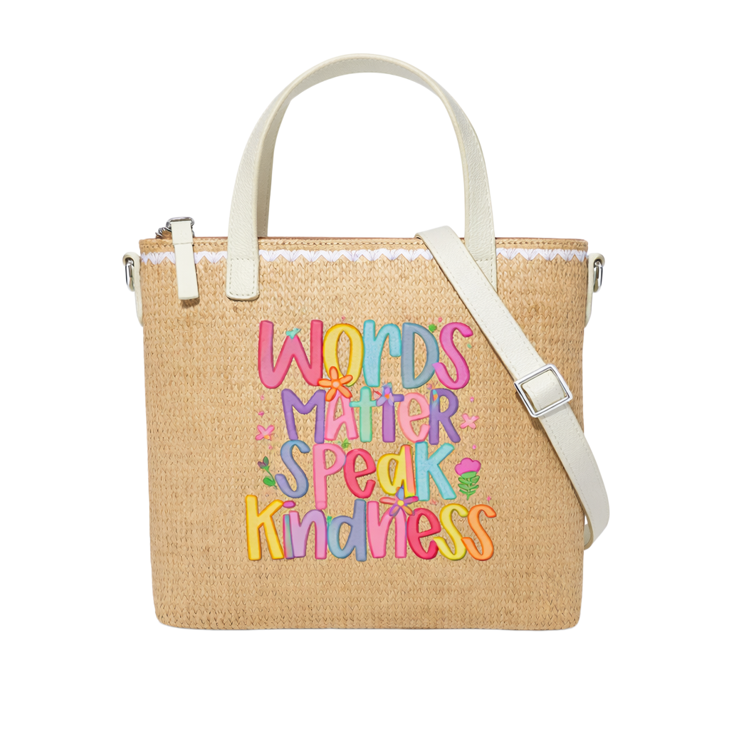 Words Matter Speak Kindness Print Christian Faith Straw Crossbody Tote Bag
