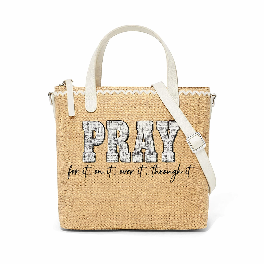 Pray Newspaper Print Christian Faith Straw Crossbody Tote Bag