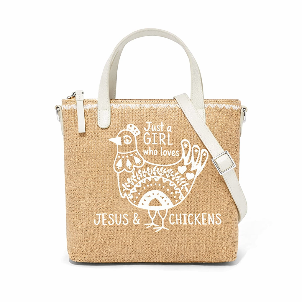Just a Girl Who Loves Jesus and Chickens Print Christian Faith Straw Crossbody Tote Bag