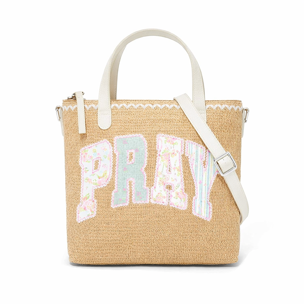 Pray Varsity Print Christian Faith Straw Crossbody Tote Bag