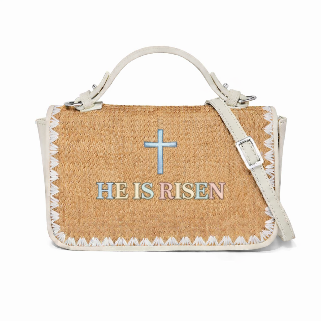 He Is Risen Print Christian Faith Straw Baguette Crossbody Bag