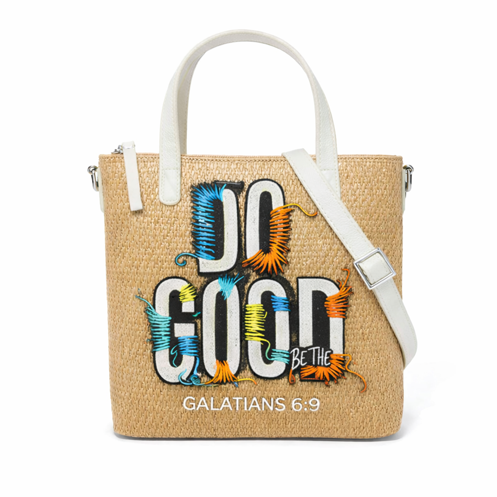 Do Good Print Christian Faith Straw Crossbody Tote Bag