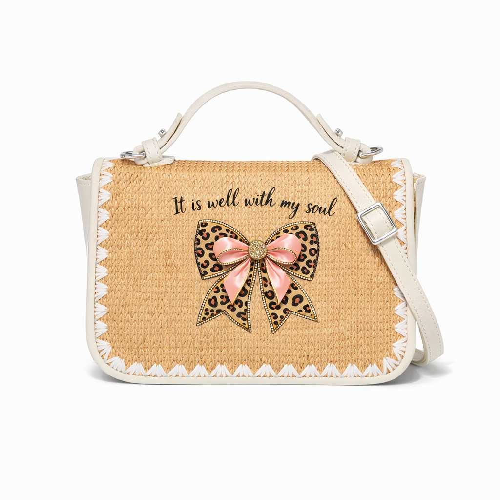 It Is Well With My Soul Bow Print Christian Faith Straw Baguette Crossbody Bag