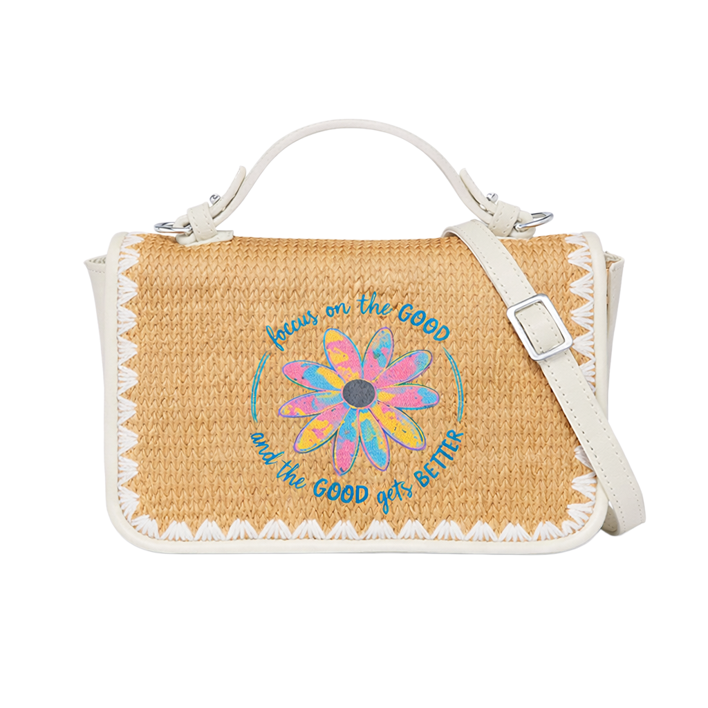 Focus On the Good and the Good Gets Better Print Christian Faith Straw Baguette Crossbody Bag