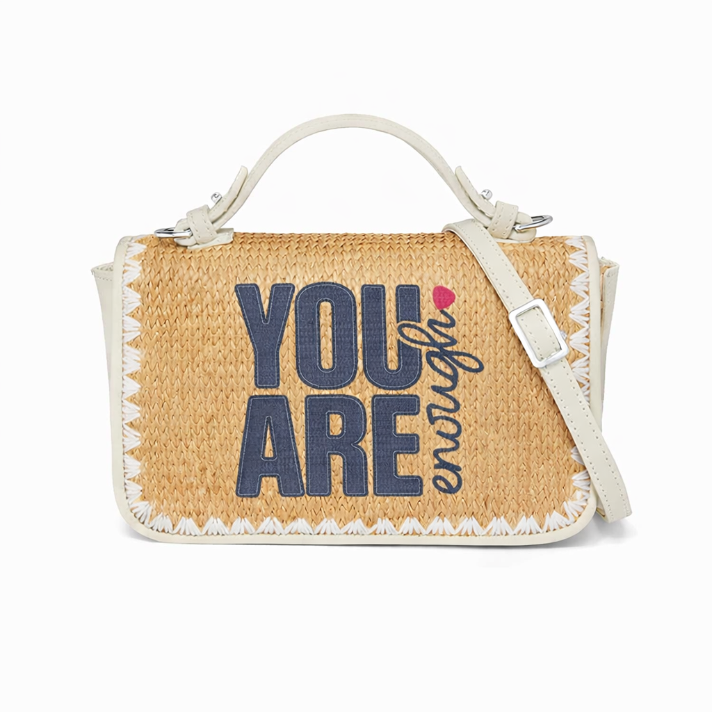 You Are Enough Print Christian Faith Straw Baguette Crossbody Bag