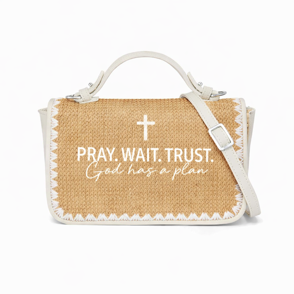 Pray Wait Trust God Has a Plan Print Christian Faith Straw Baguette Crossbody Bag