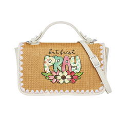 But First Pray Print Christian Faith Straw Baguette Crossbody Bag