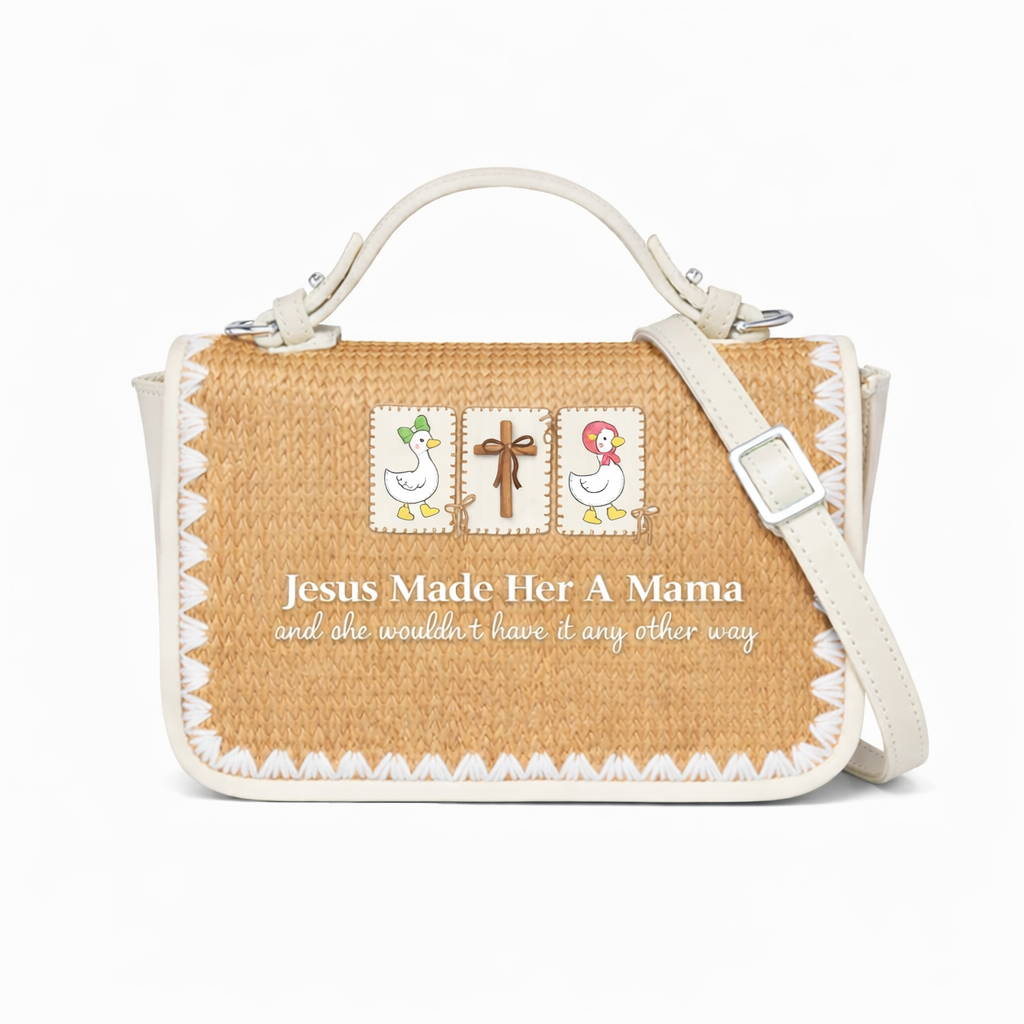 Jesus Made Her a Mama and She Wouldn’t Have It Any Other Way Print Christian Faith Straw Baguette Crossbody Bag