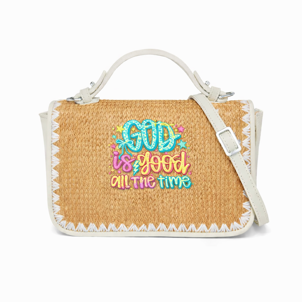 God is Good All the Time Print Christian Faith Straw Baguette Crossbody Bag