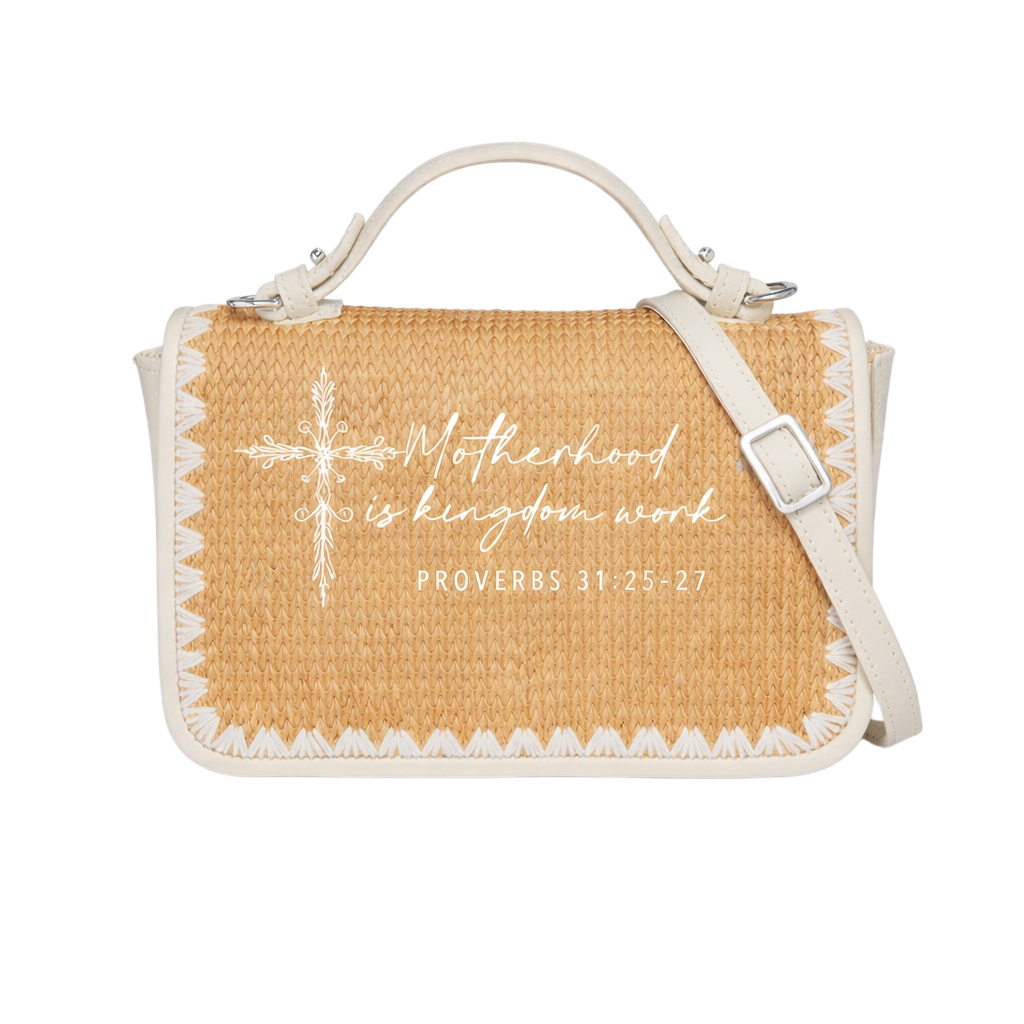 Motherhood Is Kingdom Work Print Christian Faith Straw Baguette Crossbody Bag