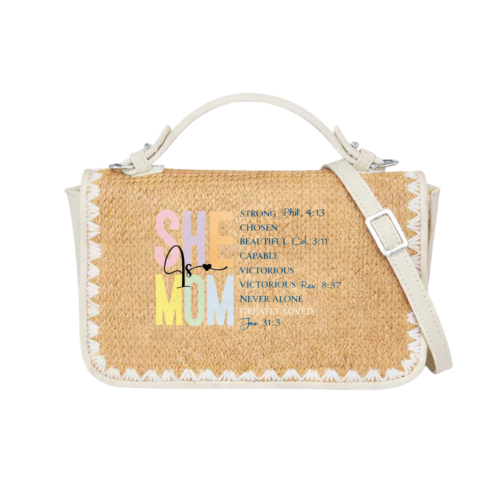 She is Mom STRONG CHOSEN BEAUTIFUL CAPABLE VICTORIOUS NEVER ALONE GREATLY LOVED Print Christian Faith Straw Baguette Crossbody Bag