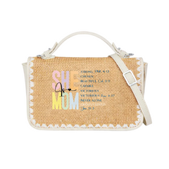 She is Mom STRONG CHOSEN BEAUTIFUL CAPABLE VICTORIOUS NEVER ALONE GREATLY LOVED Print Christian Faith Straw Baguette Crossbody Bag