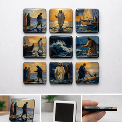 Jesus Walking on Water - Religious Fridge Magnets 9 Pieces