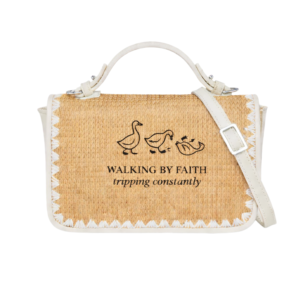 Walking by Faith Tripping Constantly Print Christian Faith Straw Baguette Crossbody Bag