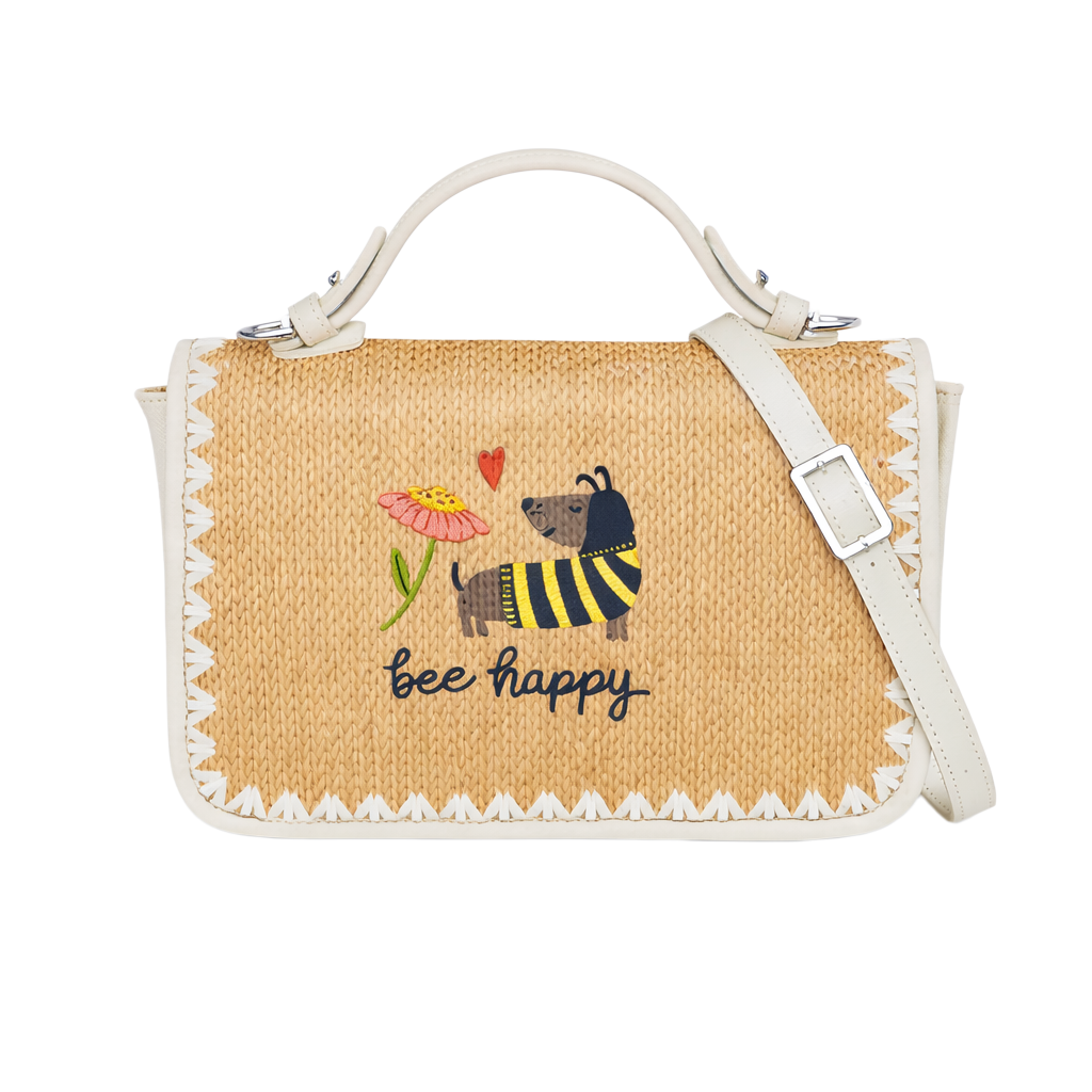 Bee Happy Print Christian Faith Straw Baguette Crossbody Bag