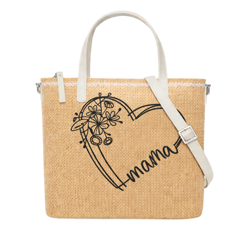 Mama Heart Print Christian Faith Straw Crossbody Tote Bag