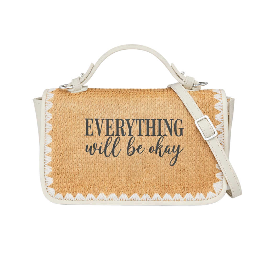 Everything Will Be Okay Print Christian Faith Straw Baguette Crossbody Bag