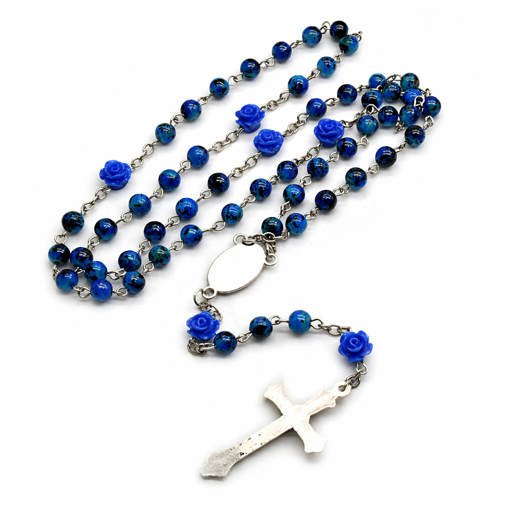 Catholic Blue Rosary Necklace – 6mm Enamel Beads with Cross & Rose Medals