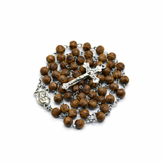 Carved Pine Wood Rosary Necklace – Evil Eye Beads with Cross