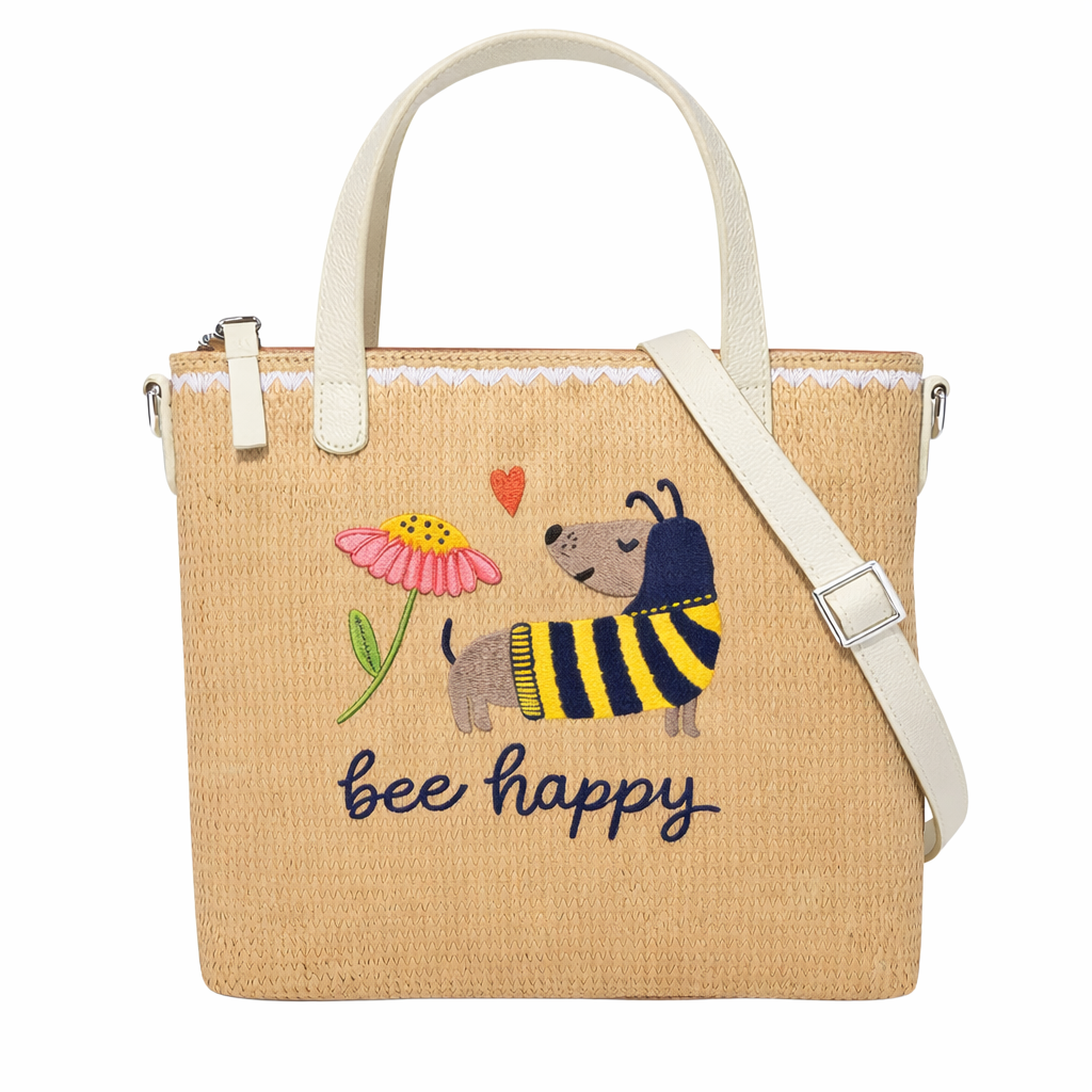 Bee Happy Print Christian Faith Straw Crossbody Tote Bag