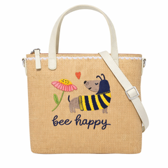 Bee Happy Print Christian Faith Straw Crossbody Tote Bag