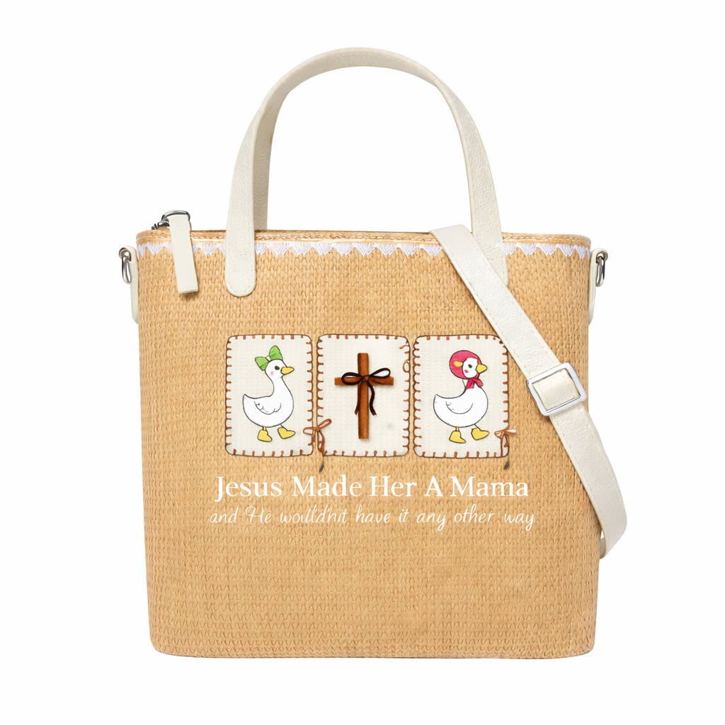 Jesus Made Her a Mama and She Wouldn’t Have It Any Other Way Print Christian Faith Straw Crossbody Tote Bag