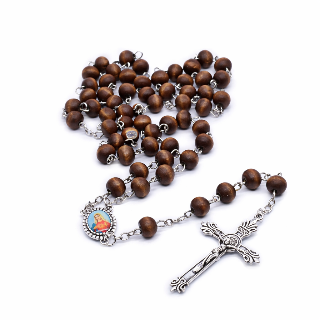 Brown Wooden Rosary Necklace – Handcrafted Cross Beaded Chain