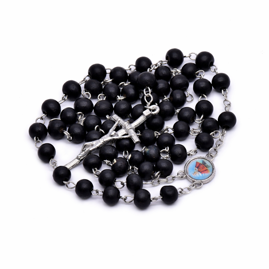 Black Wooden Rosary Necklace – Handcrafted Cross Beaded Chain