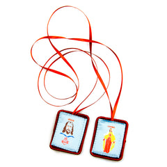 Catholic Brown Scapular Necklace with Sacred Images – Fabric Pendant Design