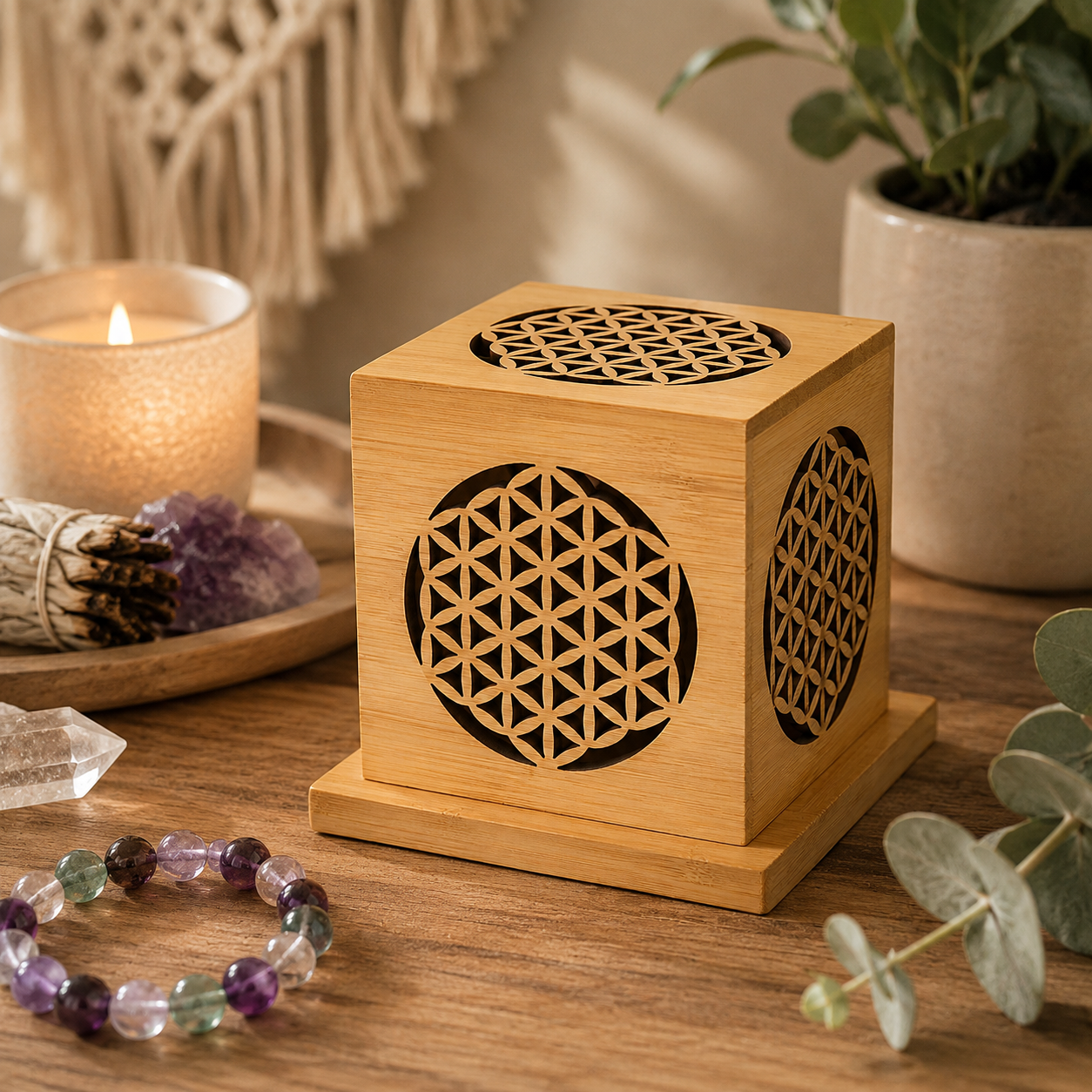 Sacred Wood Crystal Cleansing Box for Jesus Cross Pendant, Crystal Necklace & Bracelet – 4in x 4in, Free 35g California White Sage Included