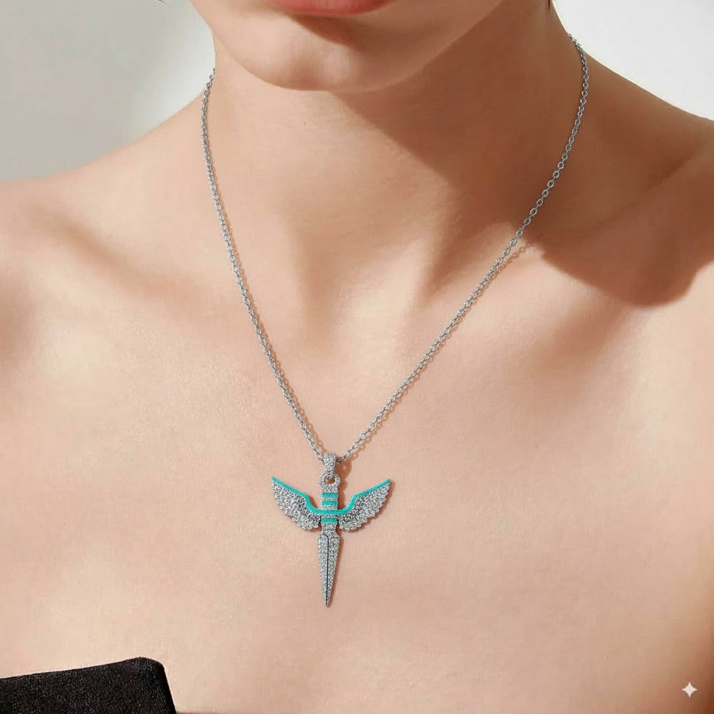 Sterling Silver Angel Wings Cross Pendant with Moissanite & Enamel Accents