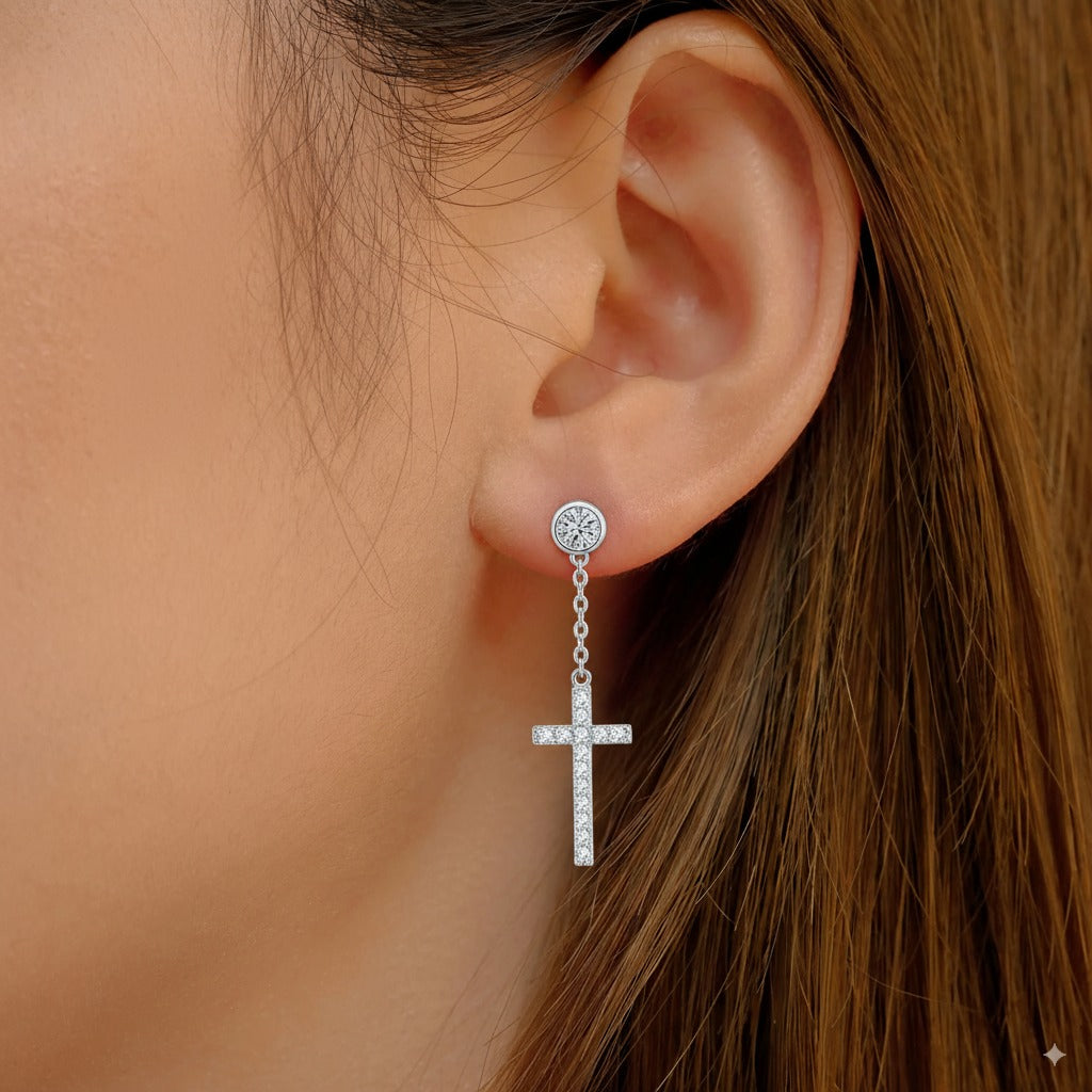 925 Sterling Silver Cross Drop Earrings with Moissanite Accents