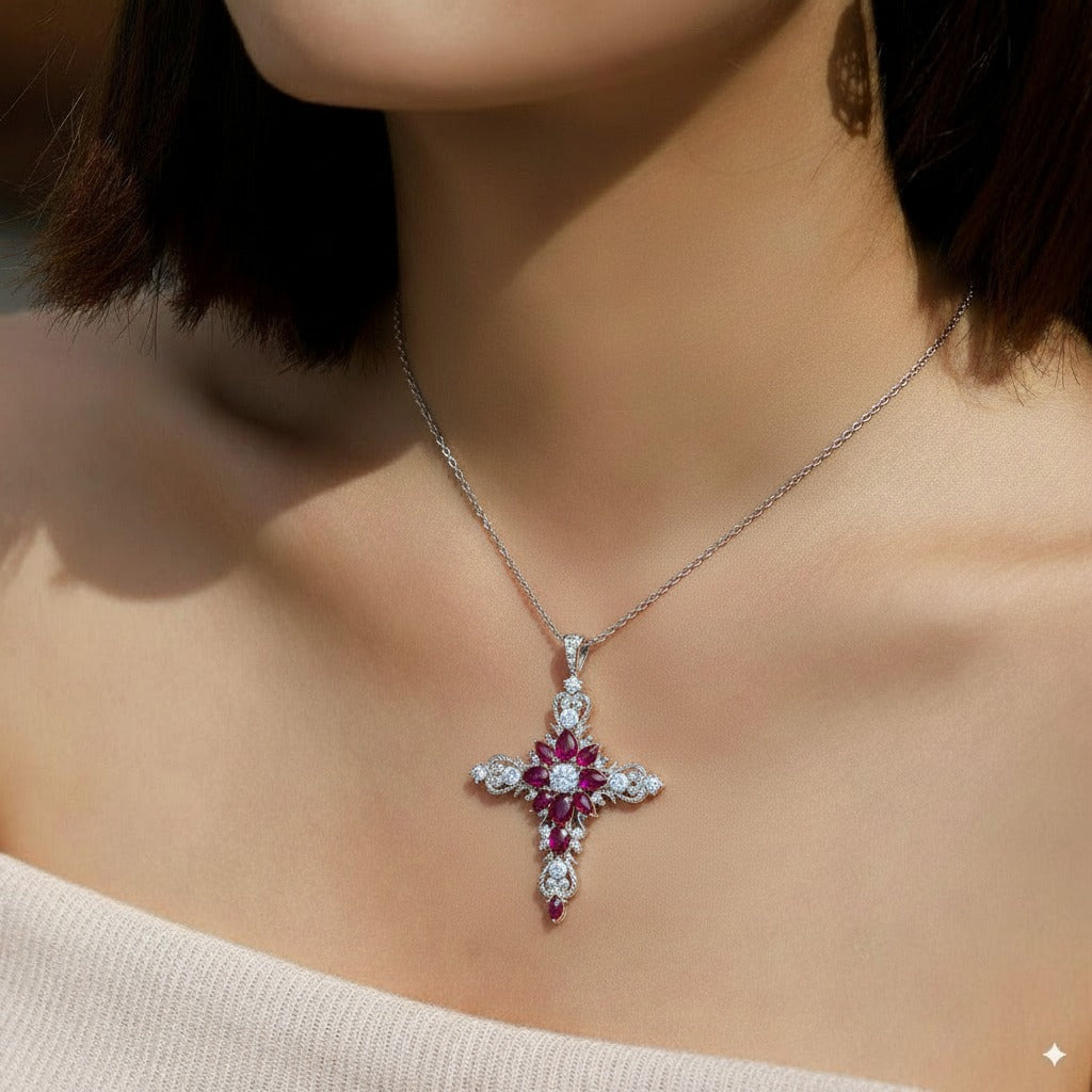 Baroque Ruby & Moissanite Cross Pendant Necklace in Sterling Silver