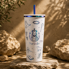 Trust In God Stainless Steel Tumbler with Straw – 24oz Vacuum Insulated Cup, Keeps Drinks Hot & Cold 8–12 Hours