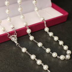 Elegant Pearl Rosary Necklace – Catholic Cross Prayer Beads for Women