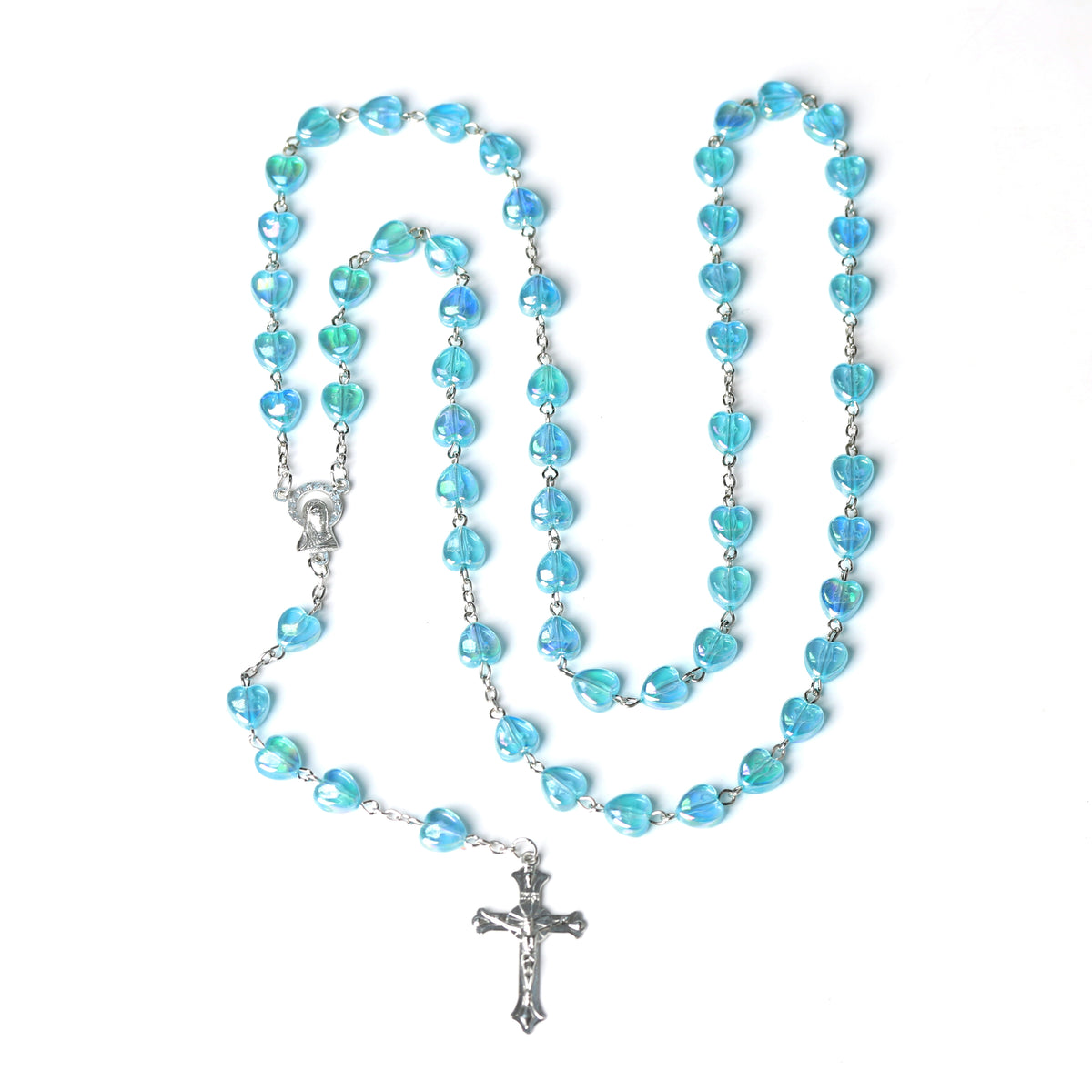 Blue Heart Rosary Necklace – Crystal Beads Catholic Cross Prayer Necklace