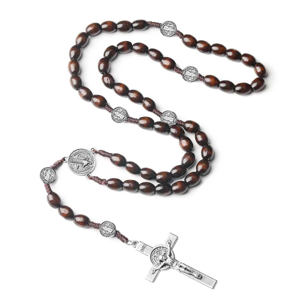 Catholic Wooden Rosary with St. Benedict Medal & Crucifix – Handmade Prayer Beads Necklace