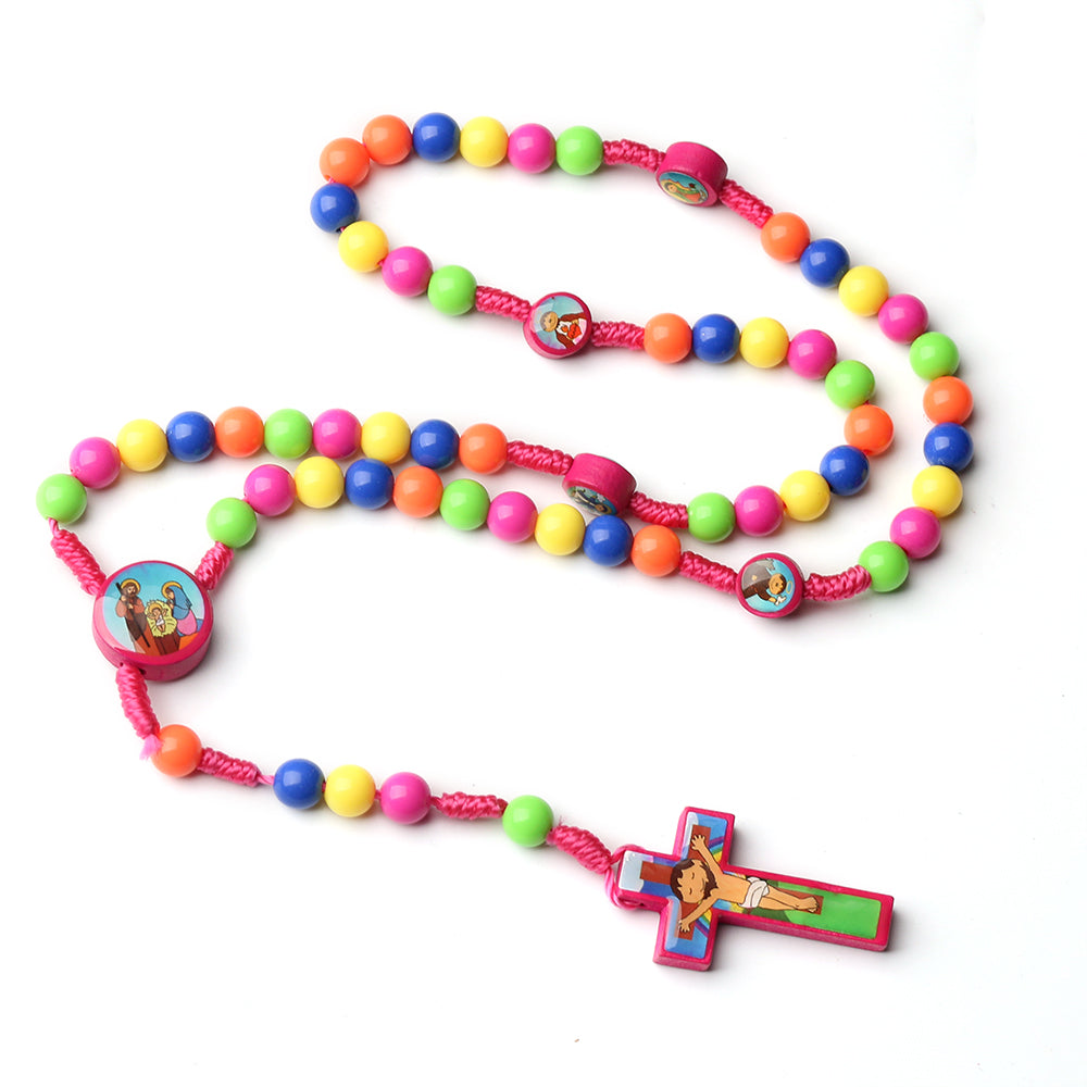 Colorful Kids Catholic Rosary with Cartoon Crucifix – Children Prayer Beads Necklace